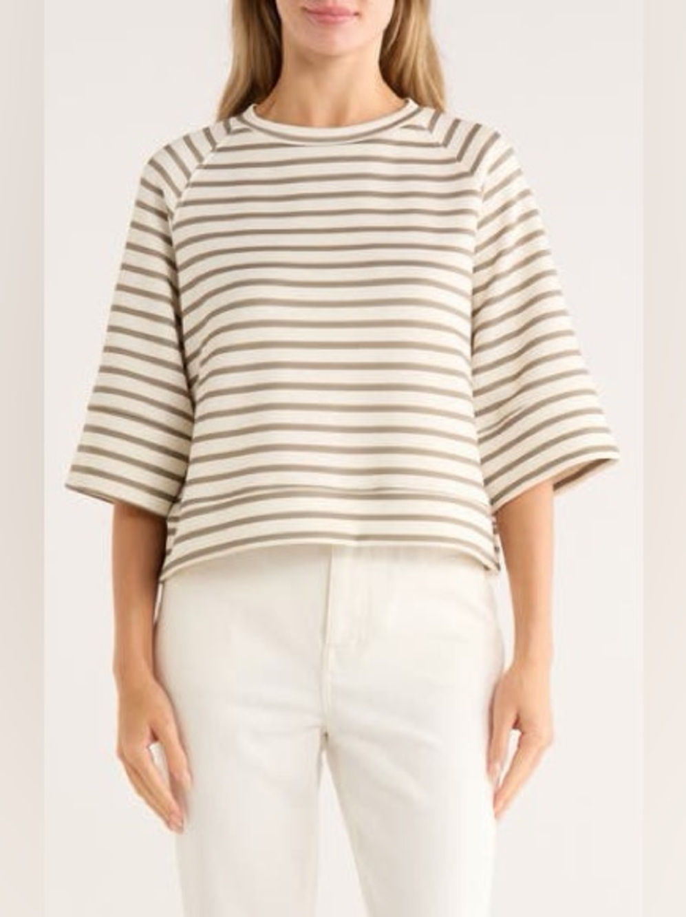 T Tahari Scuba Striped Pullover Sweatshirt Tan & White